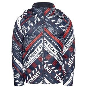 Tommy Jeans Hooded All-Over Logo Down Puffer Jacket Size Large NWOT